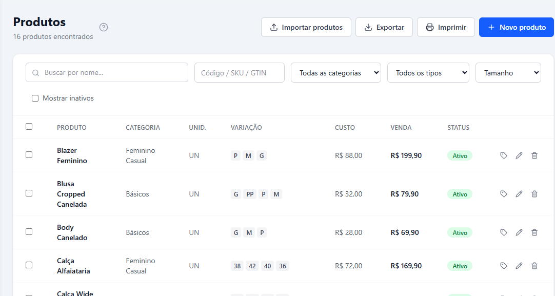 Tela de produtos do Clivo
